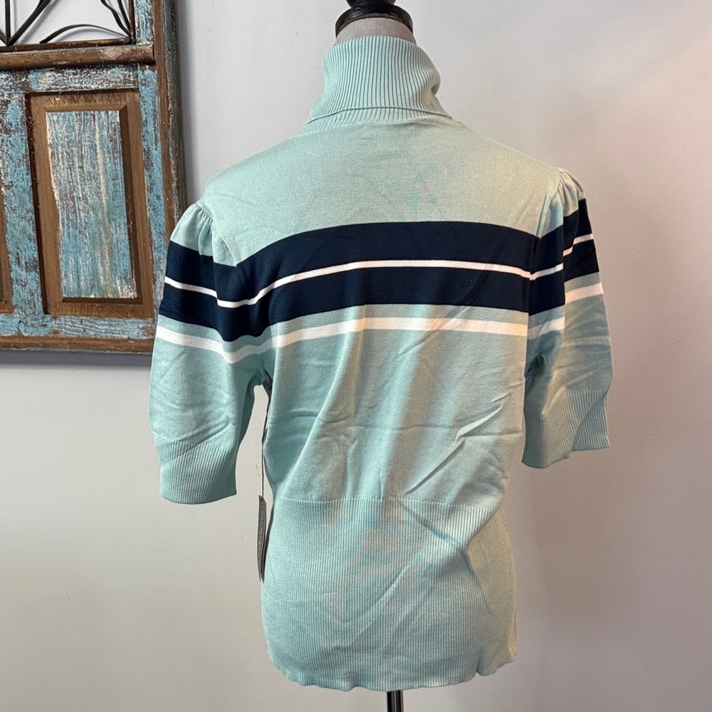New York & Company Mint and Navy Striped Turtleneck - Picture 6 of 11